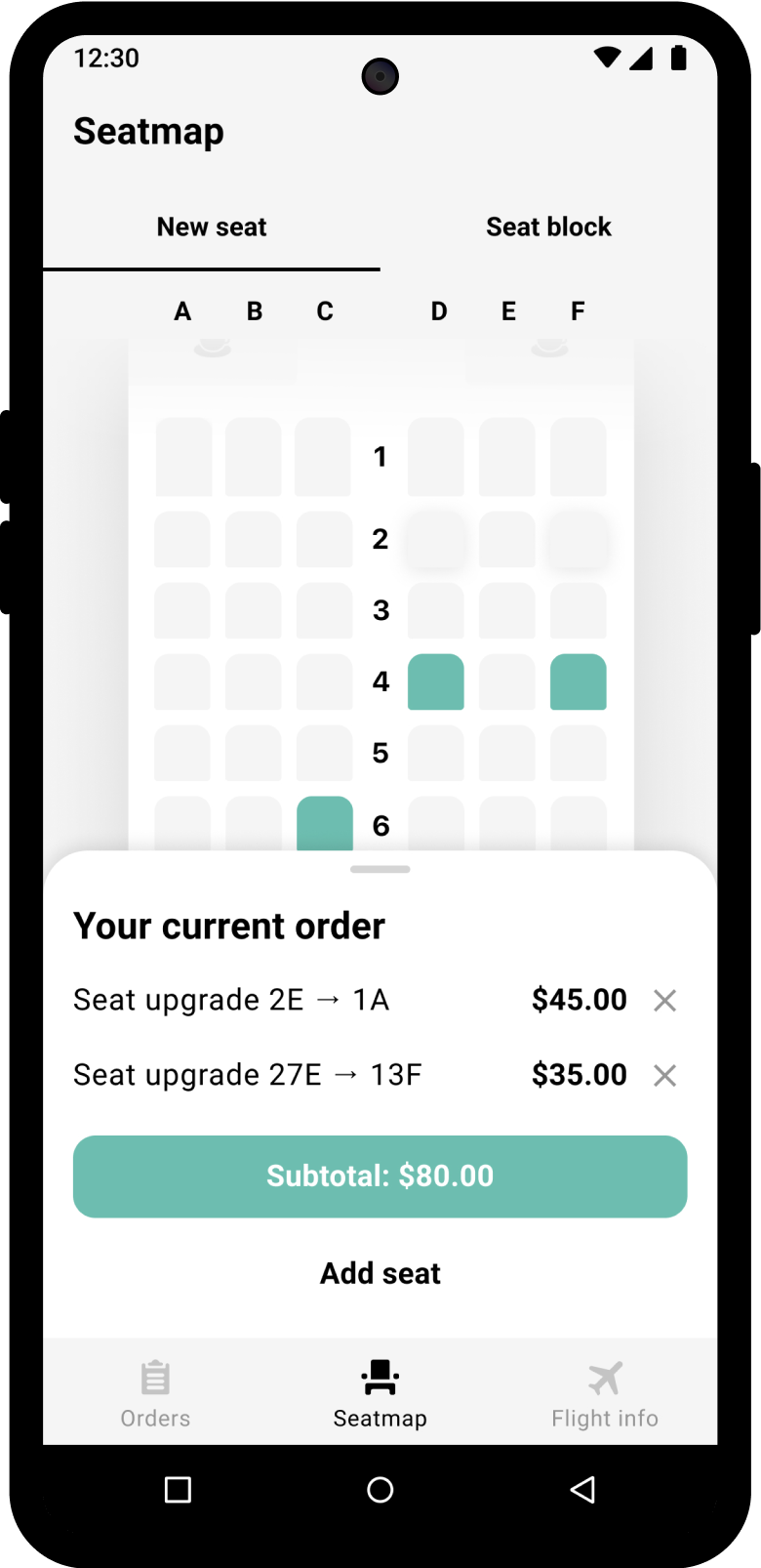 Android phone showing seat map interface