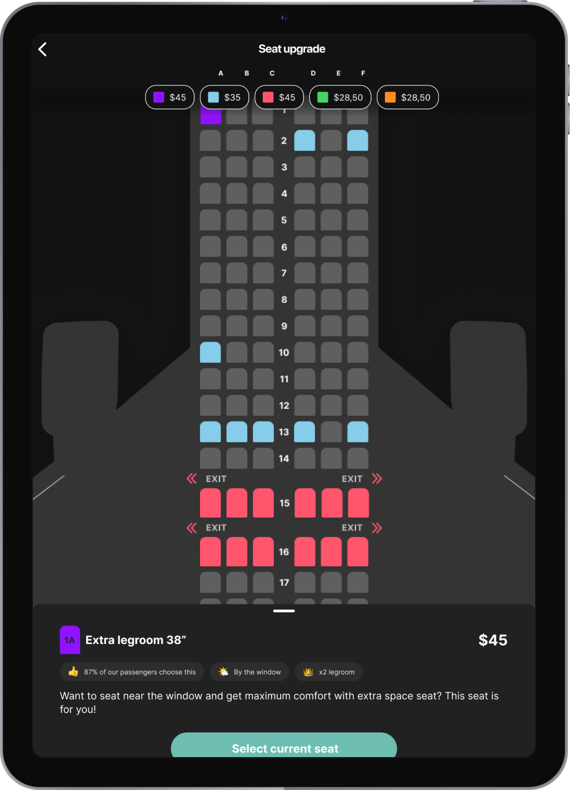 iPad Air showing seat upgrade interface