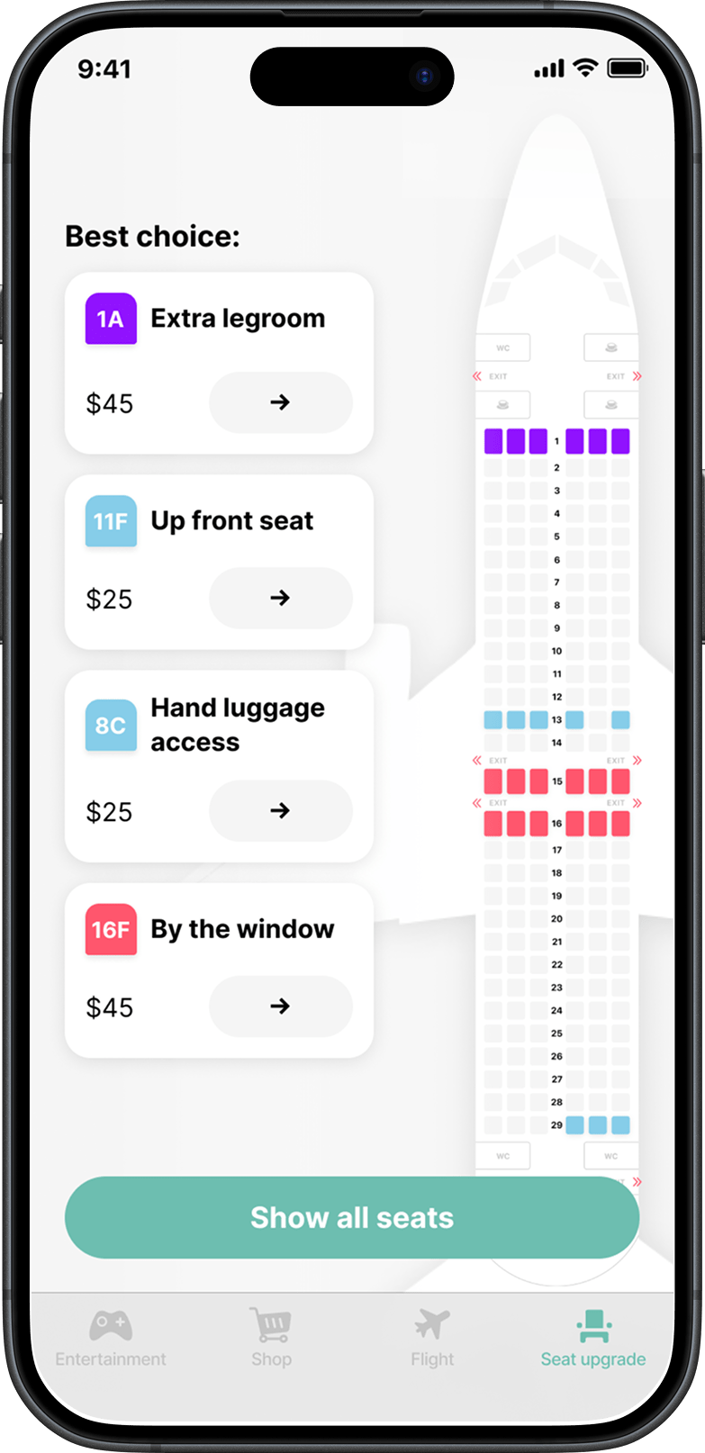 iPhone showing seat map interface